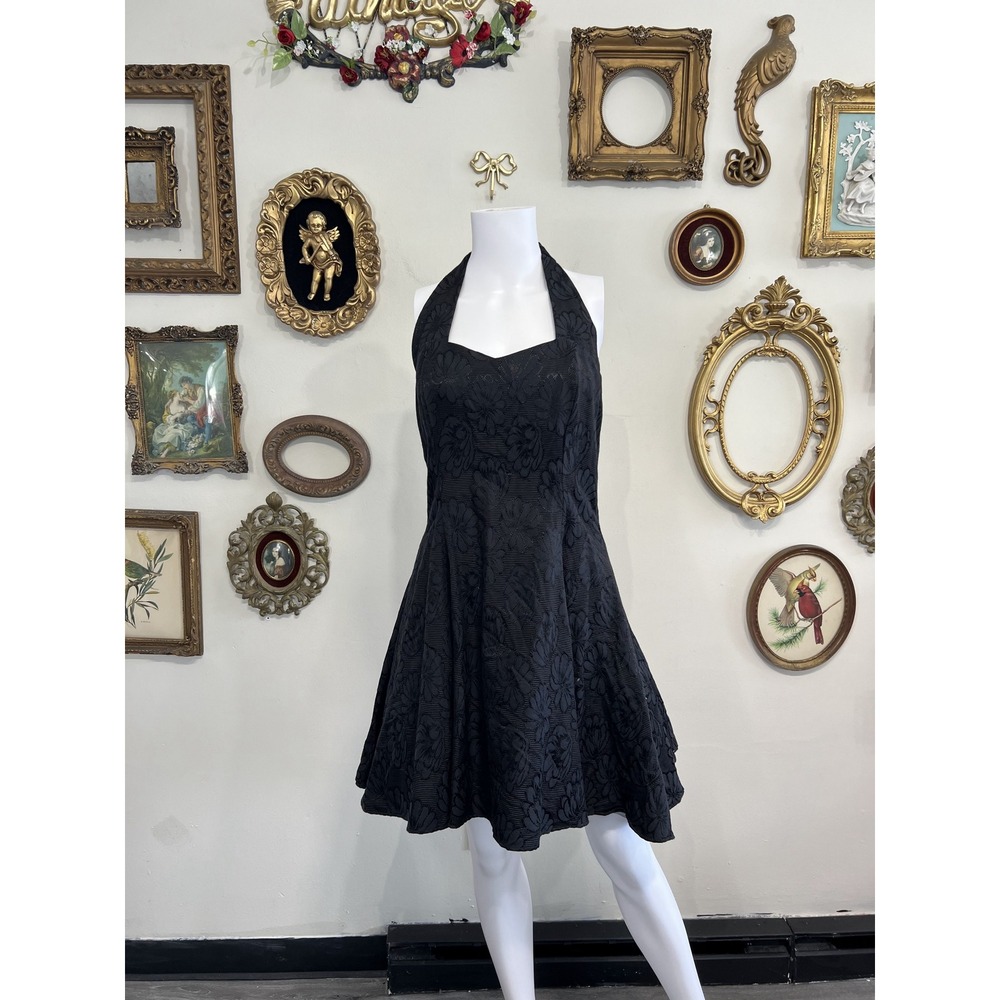 Positively Ellyn Vintage Black Jacquard Halter Mini Dress Size 12